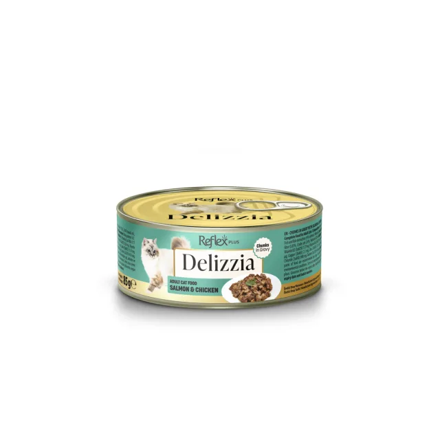 Reflex Plus Delizzia Sos İçinde Somonlu ve Tavuklu Parça Etli Kedi Konservesi 85 gr