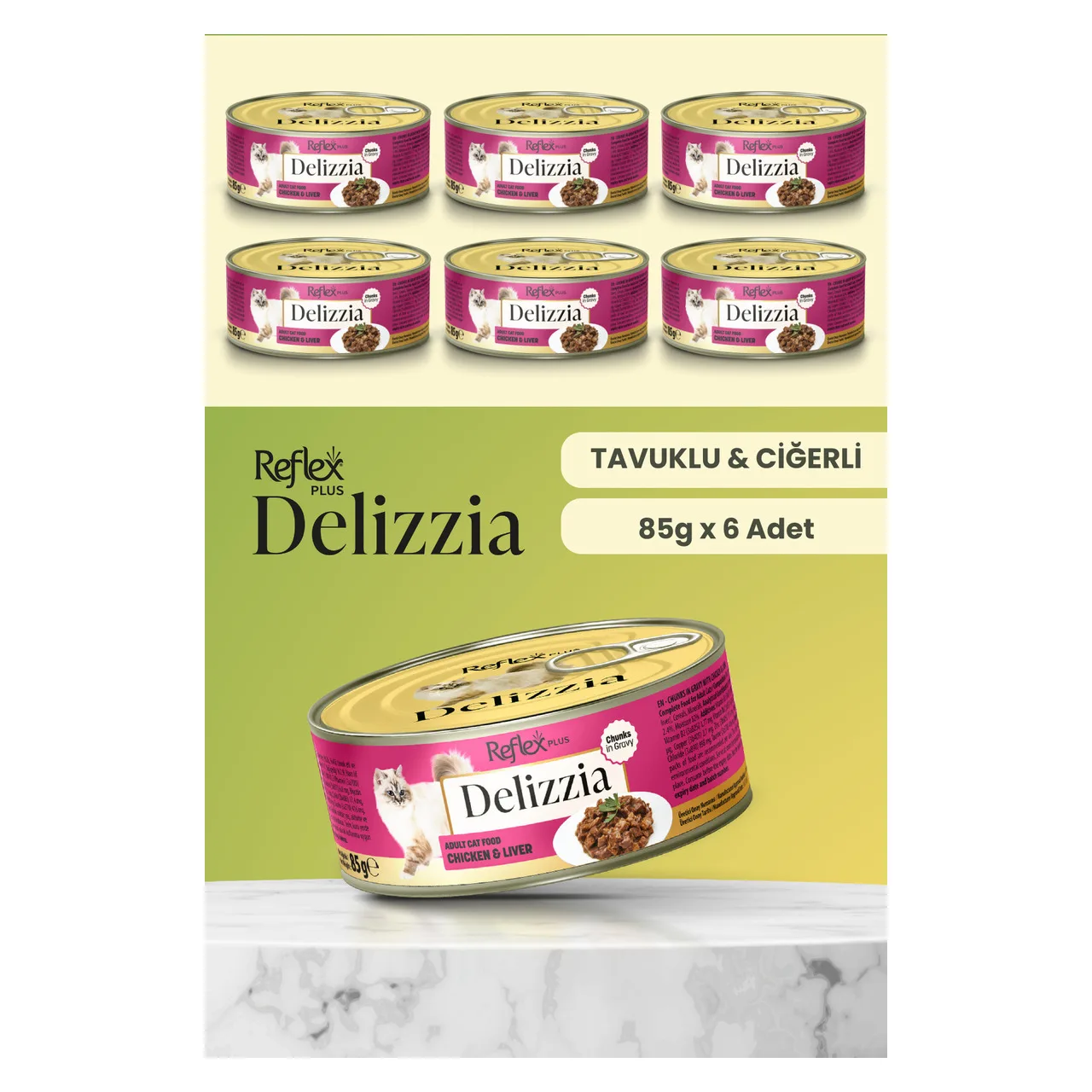 Reflex Plus Delizzia Sos İçinde Tavuklu ve Ciğerli Parça Etli Kedi Konservesi 85 gr