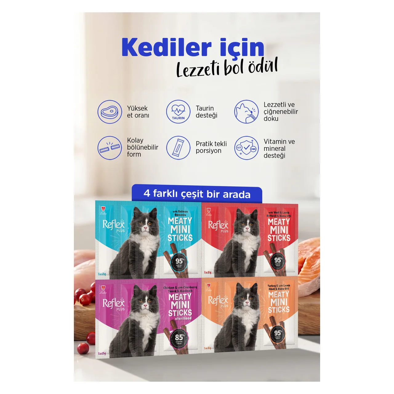Reflex Plus Meaty Mini Sticks Kedi Ödül Maması 4 Çeşit 40g